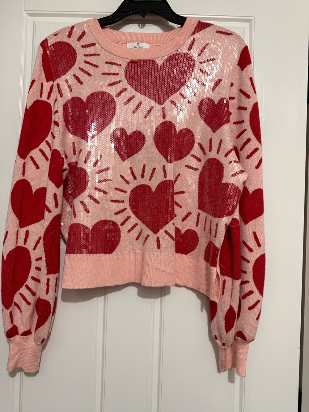 Marled Pink Sweater with Red Sequin Hearts